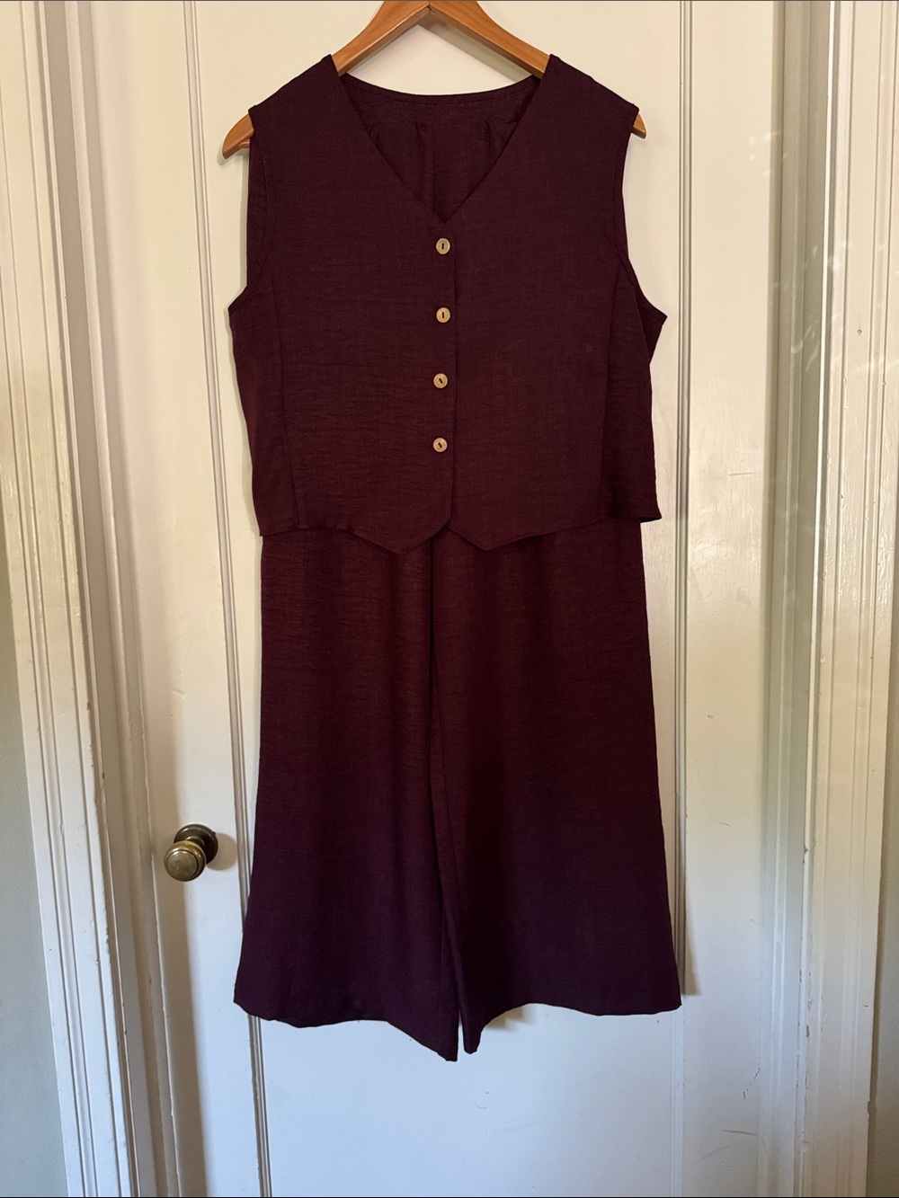 Sleeveless V-Neck Button Front Jumpsuit in Deep Plum